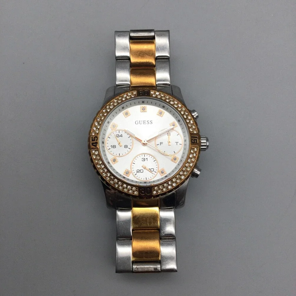 Guess Womens Watch 38mm Rose Gold Two Tone Crystal Bezel New Battery 6.5